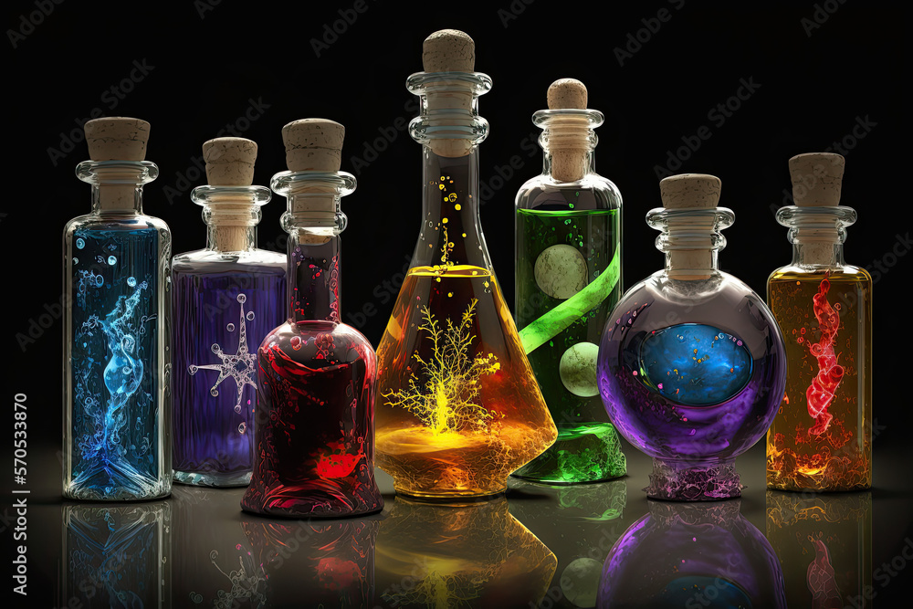 colourful potion bottles, vials. Generative AI image. colourful potion bottles, vials. Generative AI image.