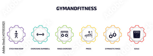 gymandfitness infographic element with filled icons and 6 step or option. gymandfitness icons such as stick man hoop, exercising dumbbell, rings exercises, press, gymnastic rings, scale vector. photo