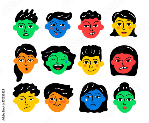 Cute children avatars with emotional facial expressions set. Teenage boys and girls portraits with colorful faces in good and bad mood hand drawn doodle sketch vector illustration