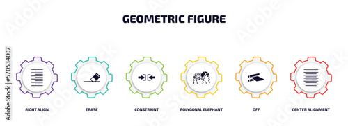 geometric figure infographic element with filled icons and 6 step or option. geometric figure icons such as right align, erase, constraint, polygonal elephant, off, center alignment vector.
