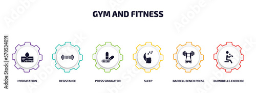 gym and fitness infographic element with filled icons and 6 step or option. gym and fitness icons such as hydratation, resistance, press simulator, sleep, barbell bench press, dumbbells exercise