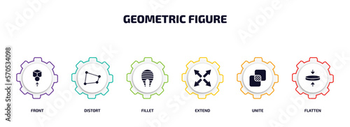 geometric figure infographic element with filled icons and 6 step or option. geometric figure icons such as front, distort, fillet, extend, unite, flatten vector.