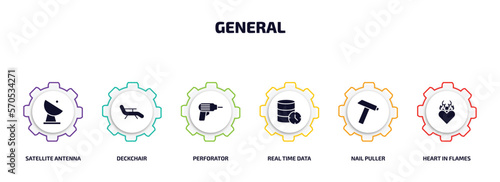 general infographic element with filled icons and 6 step or option. general icons such as satellite antenna, deckchair, perforator, real time data, nail puller, heart in flames vector.