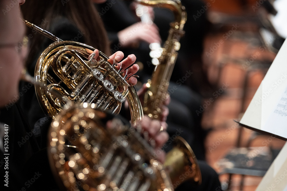 Obraz premium French horn players playing during a classical symphony orchestra concert