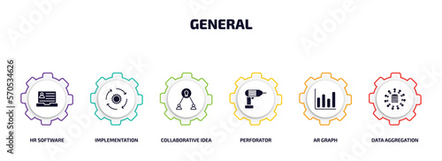 general infographic element with filled icons and 6 step or option. general icons such as hr software, implementation, collaborative idea, perforator, ar graph, data aggregation vector.