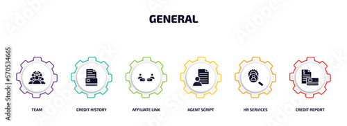 general infographic element with filled icons and 6 step or option. general icons such as team, credit history, affiliate link, agent script, hr services, credit report vector.