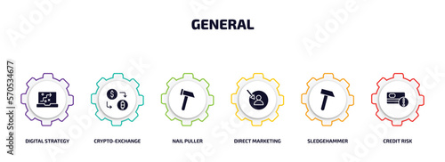 general infographic element with filled icons and 6 step or option. general icons such as digital strategy, crypto-exchange, nail puller, direct marketing, sledgehammer, credit risk vector.