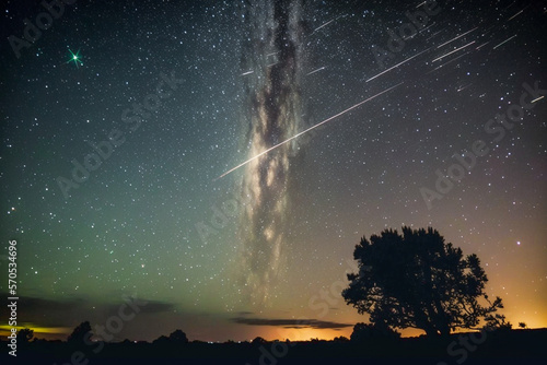 Meteor rain in night sky. Generative AI.