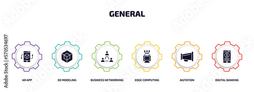 general infographic element with filled icons and 6 step or option. general icons such as ar app, 3d modeling, business networking, edge computing, agitation, digital banking vector.