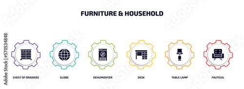 furniture & household infographic element with filled icons and 6 step or option. furniture & household icons such as chest of drawers, globe, dehumidifier, desk, table lamp, fauteuil vector.