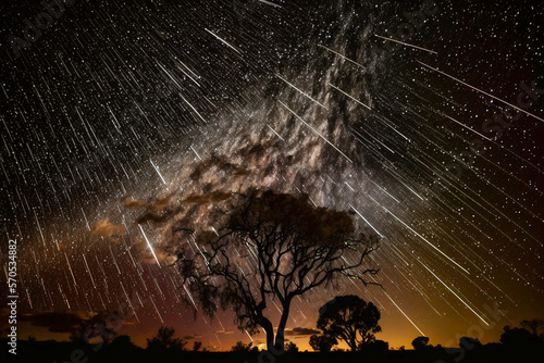 Meteor rain in night sky. Generative AI. photo