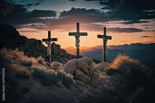 Fotografia, Obraz Three crosses on the mountain Jesus Christ on a sunset background