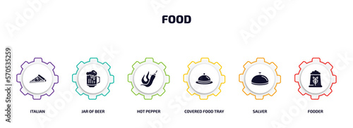 food infographic element with filled icons and 6 step or option. food icons such as italian, jar of beer, hot pepper, covered food tray, salver, fodder vector.