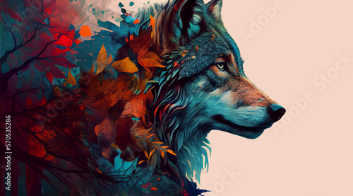 A digital painting of a wolf with colorful leaves, digital art