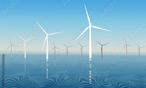 Offshore wind turbines. Concept of obtaining clean electric energy from renewable sources. Vector illustration.