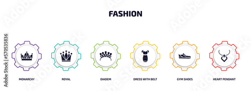 fashion infographic element with filled icons and 6 step or option. fashion icons such as monarchy, royal, diadem, dress with belt, gym shoes, heart pendant vector.