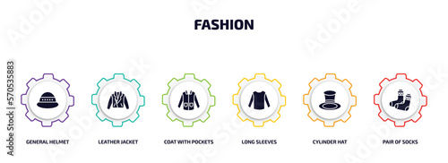 fashion infographic element with filled icons and 6 step or option. fashion icons such as general helmet, leather jacket, coat with pockets, long sleeves, cylinder hat, pair of socks vector.