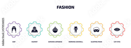 fashion infographic element with filled icons and 6 step or option. fashion icons such as coif, hazmat, samurai japanese hat, working coverall, sleeping mask, cat eyes vector.
