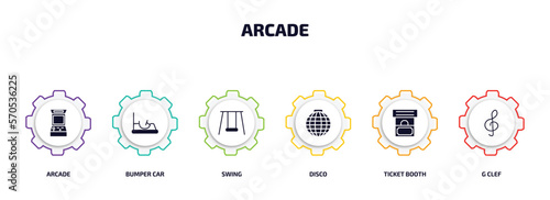 arcade infographic element with filled icons and 6 step or option. arcade icons such as arcade, bumper car, swing, disco, ticket booth, g clef vector.