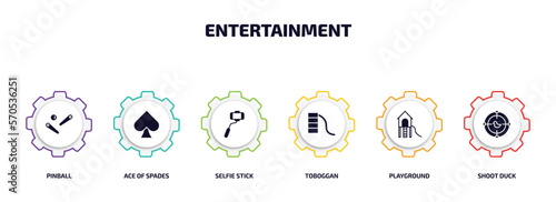 entertainment infographic element with filled icons and 6 step or option. entertainment icons such as pinball, ace of spades, selfie stick, toboggan, playground, shoot duck vector.