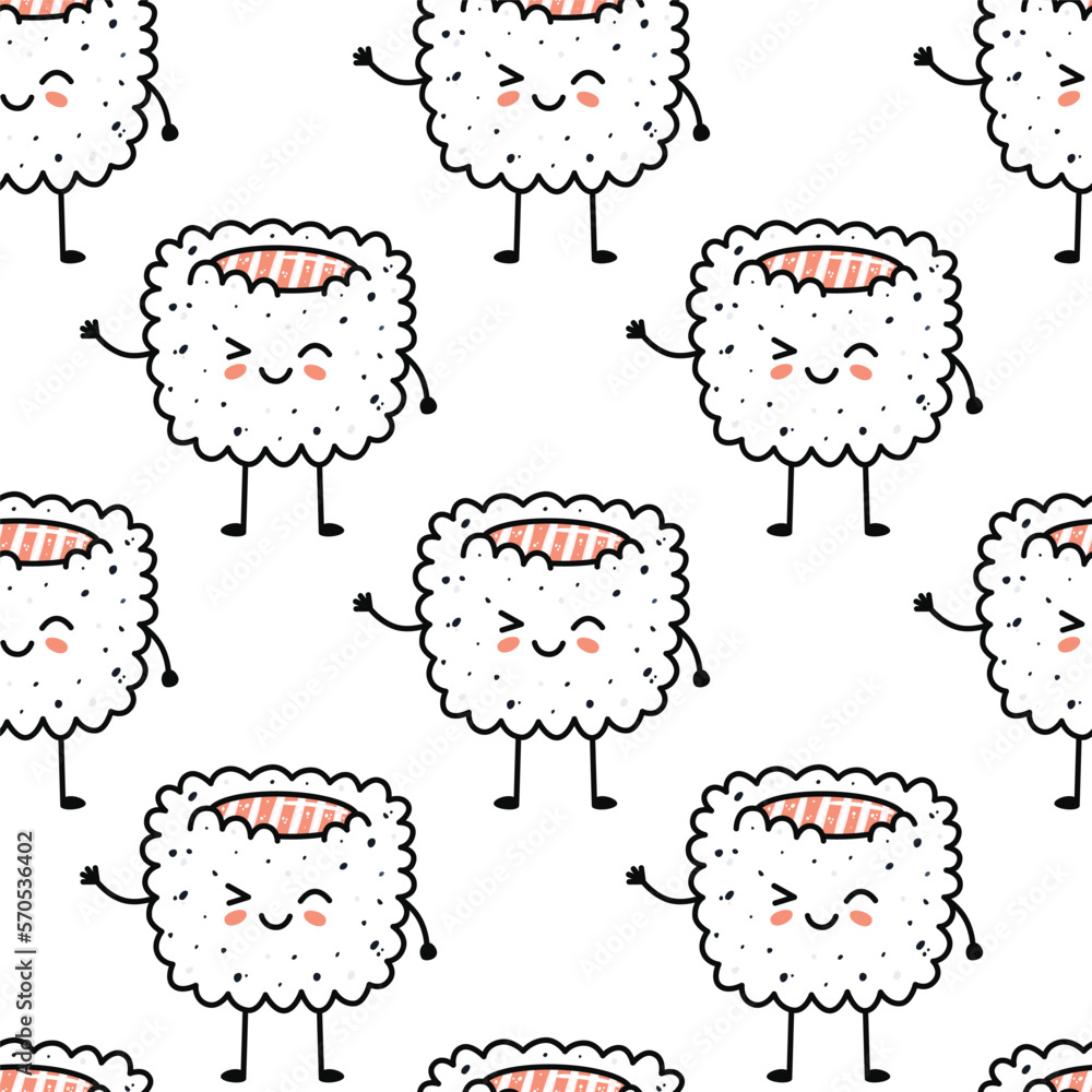 Naklejka premium Kawaii sushi illustration. Vector flat hand drawn seamless pattern