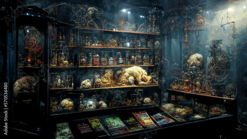 Abandoned cabinet of curiosities filled with horrific creatures, monstrous skeletons and forbidden experiment subjects. Perfect for horror movies or evoking dread and terror. Generative AI photo