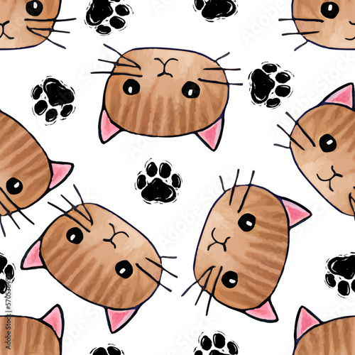 Red cats seamless pattern. Cat paws background vector illustration. Cute cartoon pastel character for nursery girl or boy baby print.