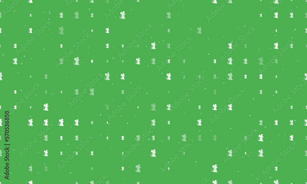 Seamless background pattern of evenly spaced white mouse symbols of different sizes and opacity. Vector illustration on green background with stars Seamless background pattern of evenly spaced white mouse symbols of different sizes and opacity. Vector illustration on green background with stars