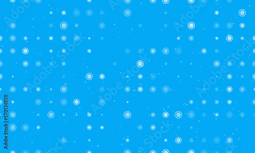 Seamless background pattern of evenly spaced white sushi roll symbols of different sizes and opacity. Vector illustration on light blue background with stars