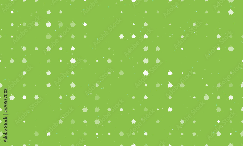Seamless background pattern of evenly spaced white piggy bank symbols of different sizes and opacity. Vector illustration on light green background with stars