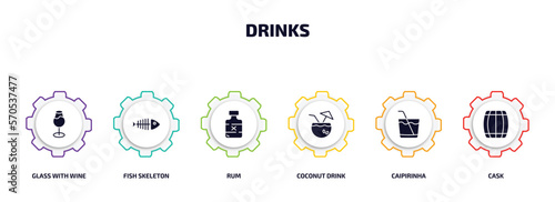 drinks infographic element with filled icons and 6 step or option. drinks icons such as glass with wine, fish skeleton, rum, coconut drink, caipirinha, cask vector.
