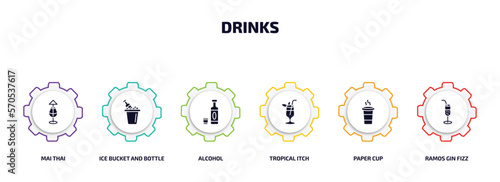 drinks infographic element with filled icons and 6 step or option. drinks icons such as mai thai, ice bucket and bottle, alcohol, tropical itch, paper cup, ramos gin fizz vector.