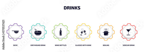 drinks infographic element with filled icons and 6 step or option. drinks icons such as sieve, greyhound drink, wine bottles, glasses with wine, boiling, sidecar drink vector.
