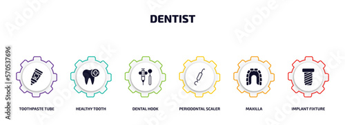 dentist infographic element with filled icons and 6 step or option. dentist icons such as toothpaste tube, healthy tooth, dental hook, periodontal scaler, maxilla, implant fixture vector.
