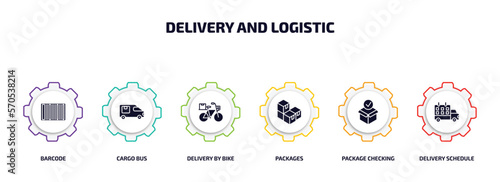 delivery and logistic infographic element with filled icons and 6 step or option. delivery and logistic icons such as barcode, cargo bus, delivery by bike, packages, package checking, schedule