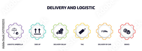 delivery and logistic infographic element with filled icons and 6 step or option. delivery and logistic icons such as logistic umbrella, side up, delivery delay, tag, by car, boxes vector.