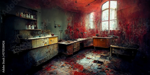 A spooky vintage room in an old hospital with bloody walls. Perfect for artistic and terrifying use in horror movies. Choking atmosphere. Generative AI