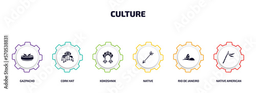 culture infographic element with filled icons and 6 step or option. culture icons such as gazpacho, cork hat, kokoshnik, native, rio de janeiro, native american flute vector.