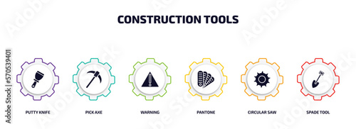 construction tools infographic element with filled icons and 6 step or option. construction tools icons such as putty knife, pick axe, warning, pantone, circular saw, spade tool vector.