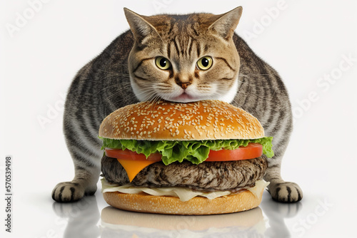 Fat cat with a hamburger, obesity concept. ia generate