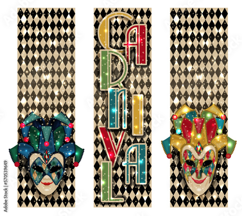 Happy Carnival mask banners in art deco style , vector illustration