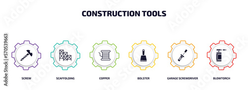 construction tools infographic element with filled icons and 6 step or option. construction tools icons such as screw, scaffolding, copper, bolster, garage screwdriver, blowtorch vector. photo
