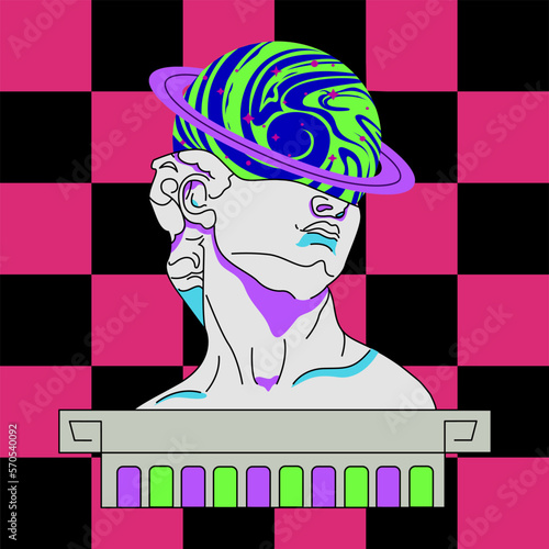 Art posters with Retro Acid design illustrations. Rave head David in psychedelic acid trippy style. Hipster head of statue in headset Weird pop 90s style.