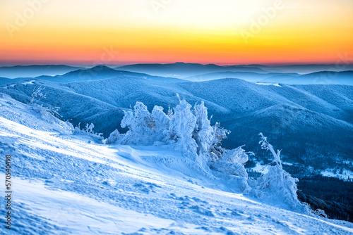 Four countries in one photo. Poland  Slovakia  Ukraine and Hungary. Beautiful winter sunset from the mount Tarnica  Bieszczady National Park  Poland.
