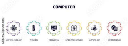 computer infographic element with filled icons and 6 step or option. computer icons such as computer micro chip, tv remote, video lecture, information network, chip, internet server vector.