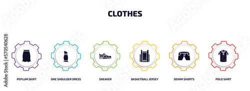 clothes infographic element with filled icons and 6 step or option. clothes icons such as peplum skirt, one shoulder dress, sneaker, basketball jersey, denim shorts, polo shirt vector.