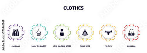 clothes infographic element with filled icons and 6 step or option. clothes icons such as cardigan, scarf on hanger, long bandeau dress, tulle skirt, panties, hobo bag vector.