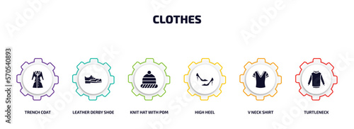 clothes infographic element with filled icons and 6 step or option. clothes icons such as trench coat, leather derby shoe, knit hat with pom pom, high heel, v neck shirt, turtleneck vector.