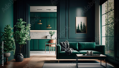 Minimalist, modern green style interior design idea. Generative AI