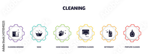 cleaning infographic element with filled icons and 6 step or option. cleaning icons such as cleaning window, soak, hand washing, compress cleanin, detergent, perfume cleanin vector.